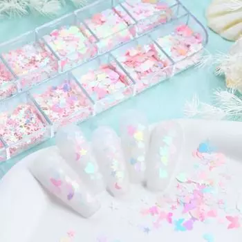 Русалка, радужные блестки для ногтей, 12 сеток, звезда, луна, сердце, кролик, бабочка, блестящие блестки для дизайна ногтей, различные стили, маникюр, блестки разноцветный