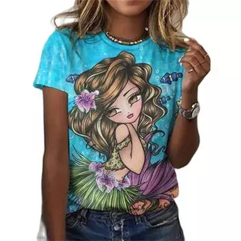 Русалка с пляжным принтом, 3D классическая простая краска, забавный узор, повседневная женская футболка, летняя модная женская футболка с короткими рукавами в стиле хип-хоп 5XL