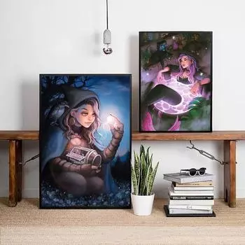 Русалка ведьма принты колдовство ботанический плакат Moon Thief Астрология цветы холст живопись милые картины на Хэллоуин домашний декор 21*30cm