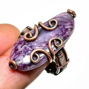 Русский драгоценный камень чароит, ручная работа, кольцо из медной проволоки, размер 7,5