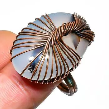 Русский дендритный драгоценный камень, ручная работа, медная проволочная обертка, ювелирное кольцо, размер 10,5