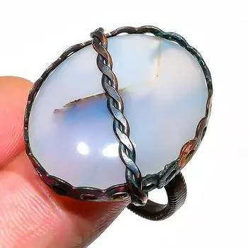 Russian Dendritic Gemstone Handmade Copper Wire Wrap Jewelry Ring Size 9