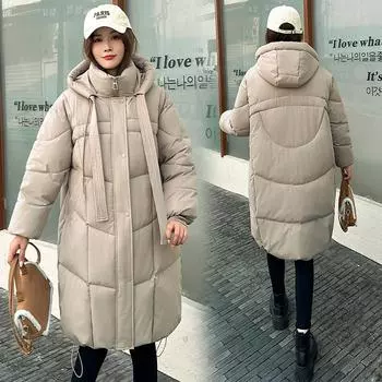 Русская большая стеганая утолщенная свободная женская хлопковая одежда длинная куртка до колена с капюшоном куртка-косуха M бежевый