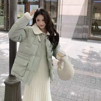 Русская хлопковая утепленная женская зимняя новая корейская версия стоячий воротник овечья шерсть пуховая хлопковая утепленная куртка дизайн смысл M чёрный