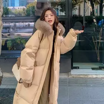 Русская женская куртка с хлопковой подкладкой длиной до колена с большим меховым воротником, утолщенная, свободная и тонкая, с хлопковой подкладкой, с капюшоном S чёрный