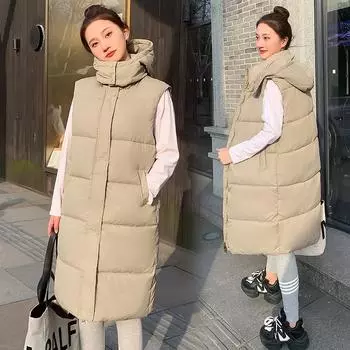 Русская женская одежда однотонный хлопковый жилет жилет простой модный разборный головной убор свободный средний и длинный жилет M чёрный