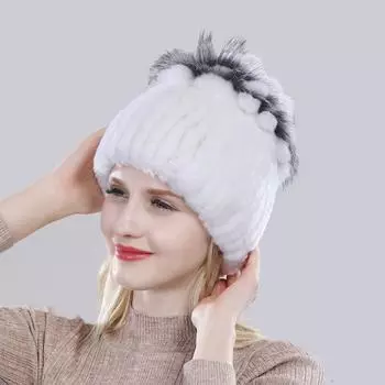 Русская зимняя качественная шапка из натурального меха, теплая шапка из натурального меха кролика рекс, женские теплые вязаные шапки из 100% натурального меха кролика рекс 52cm-60cm темно серый/белый
