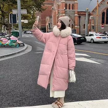Русская зимняя одежда из хлопка для женщин, средняя и длинная, длиной до колена, утолщенная, облегающая, с большим меховым воротником и капюшоном S чёрный