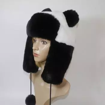 Русская зимняя теплая шапка для девочек, милая шапка-бомбер из искусственного меха кролика, толстая, качественная, женская, для защиты ушей, для улицы 53cm-59cm чёрный/белый