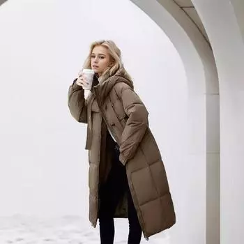 Русский длинный пуховик женский зимний утолщенный выше колена вариант свободный пуховик прилив M хаки