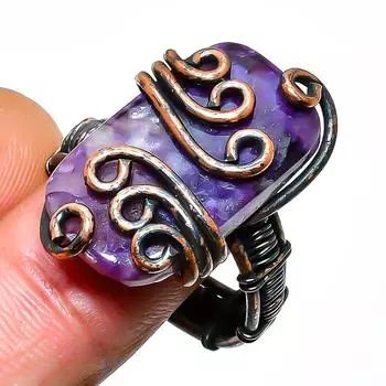 Русский драгоценный камень чароит, ручная работа, кольцо из медной проволоки, размер 8,5