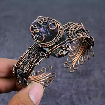 Русский драгоценный камень чароит ручной работы медная проволока браслет-манжета регулируемый H3j27