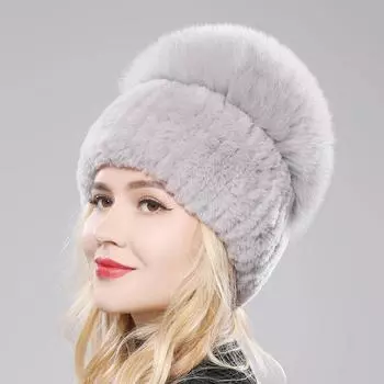 Русский новый стиль женские шапки из натурального меха лисы для девочек из натурального меха кролика рекс шапки вязаные зимние шапки из натурального меха