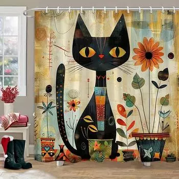 rustic black cat and sunflower shower curtain, retro watercolor cartoon cat design, polyester fabric bathroom trim with hooks W90XH180cm