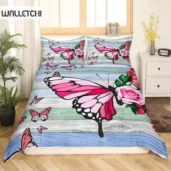 Rustic Farmhouse Wood Door Print Comforter Cover Butterfly Theme Duvet Cover,Girl Women Pink Rose Flower Bedding Set For Bedroom EU single(135x200cm)