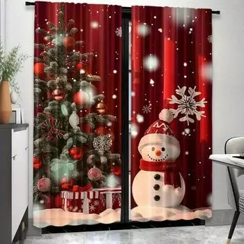 Rustic Merry Xmas Curtain Set - Vibrant Red & Green Rod Pocket Design for Cozy Bedroom & Living Room Decor, Semi-Sheer Pol 2x50W130H(CM)40x51in&Hook