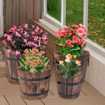 Rustic Wooden Bucket Planters, Flower Pot Holder for Outdoor Spaces Style D