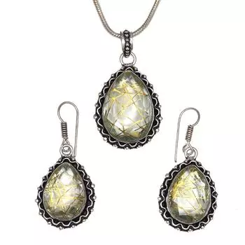 Рутиловый золотой комплект сережек 18-20 подвеска кварц стерлингового серебра