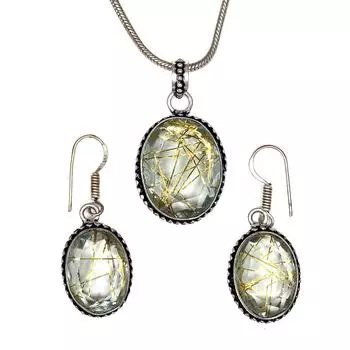 Рутиловый золотой комплект сережек 18-20 подвеска кварц стерлингового серебра