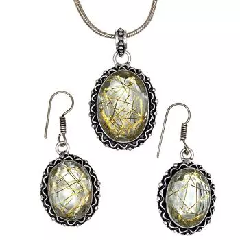 Рутиловый золотой комплект сережек 18-20 подвеска кварц стерлингового серебра