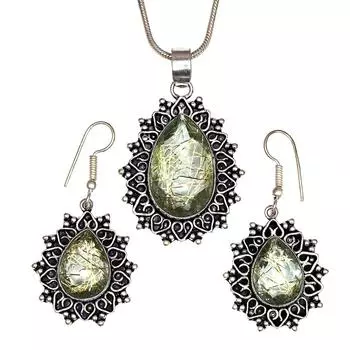 Рутиловый золотой комплект сережек 18-20 подвеска кварц стерлингового серебра