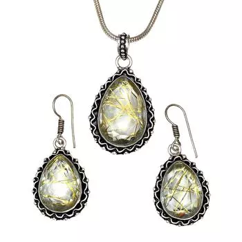 Рутиловый золотой комплект сережек 18-20 подвеска кварц стерлингового серебра