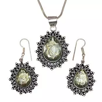 Рутиловый золотой комплект сережек 18-20 подвеска кварц стерлингового серебра