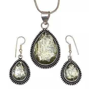 Рутиловый золотой комплект сережек 18-20 подвеска кварц стерлингового серебра