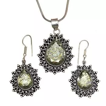 Рутиловый золотой комплект сережек 18-20 подвеска кварц стерлингового серебра