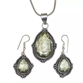 Рутиловый золотой комплект сережек 18-20 подвеска кварц стерлингового серебра