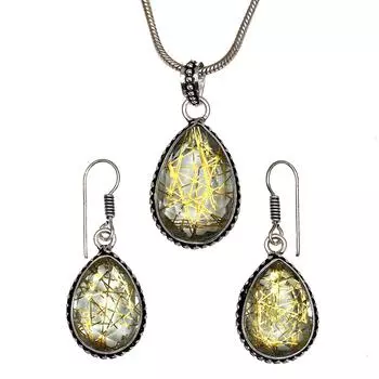 Рутиловый золотой комплект сережек 18-20 подвеска кварц стерлингового серебра