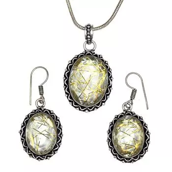 Рутиловый золотой комплект сережек 18-20 подвеска кварц стерлингового серебра