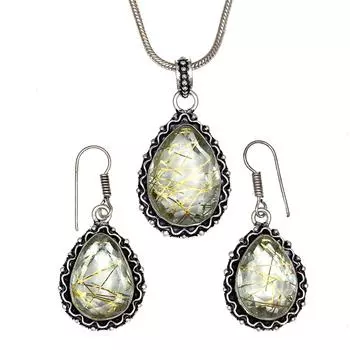 Рутиловый золотой комплект сережек 18-20 подвеска кварц стерлингового серебра