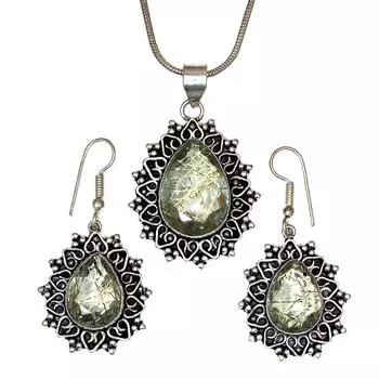 Рутиловый золотой комплект сережек 18-20 подвеска кварц стерлингового серебра