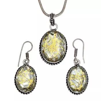 Рутиловый золотой комплект сережек 18-20 подвеска кварц стерлингового серебра