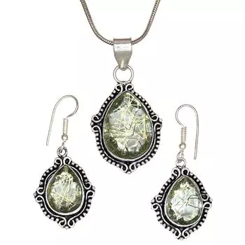 Рутиловый золотой комплект сережек 18-20 подвеска кварц стерлингового серебра