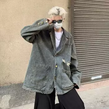 Рваная джинсовая куртка мужская сезонная трендовая брендовая стираная свободная верхняя часть American Vibe Ruffian Handsome Suit Jacket S синий