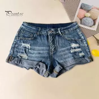 Рваные джинсовые шорты для женщин, средняя талия, подвернутые манжеты, эластичные джинсовые шорты, летние потертые короткие брюки с карманами S светло-синий