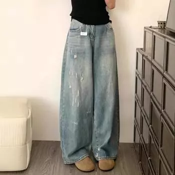 Рваные джинсы для женщин на лето Свободные облегающие прямые брюки для женщин Дизайнерская ниша Широкие брюки S синий