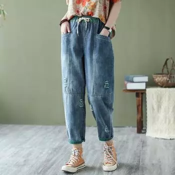 Рваные джинсы с девятью точками в стиле ретро, женские свободные тонкие срезы с эластичной резинкой на талии, повседневные универсальные шаровары, летние брюки контрастного цвета 2XL очистить синий