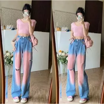 Рваные джинсы с розово-синим градиентом и контрастными цветными блоками, прямые джинсовые брюки с высокой талией, женские брюки, повседневная мода S синий