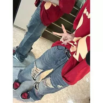 Рваные джинсы в американском стиле, рваные свободные прямые джинсы в мужском стиле, в стиле high street. 2XL