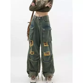 Рваные мешковатые джинсы с карманами и клапаном, женские винтажные уличные брюки-бойфренды в стиле Харадзюку, брюки-карго в стиле хип-хоп, свободные прямые широкие брюки S синий