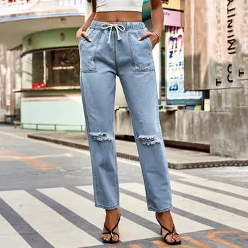 Рваные повседневные джинсы для женщин с эластичной резинкой на талии и шнурком S синий