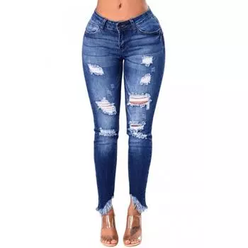 Рваные синие женские джинсы с неровной бахромой по низу S синий