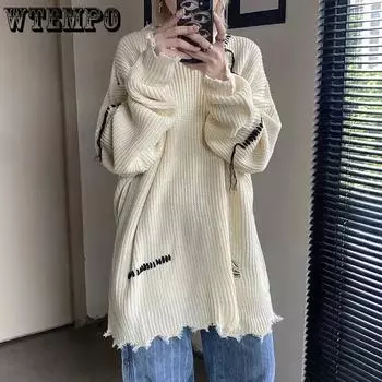 Рваный свитер с круглым вырезом в стиле панк, свободный однотонный пуловер с длинными рукавами, вязаная ленивая ветровка, дизайн с кисточками, модная верхняя одежда, топы