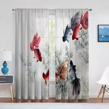 Рыба кои, рисунок тушью, золотая рыбка, прозрачная вуаль, занавески для окон, шифоновая тюль, занавеска для кухни, гостиной, спальни, драпировка 1 PCS W100XH250cm&Rod Pocket