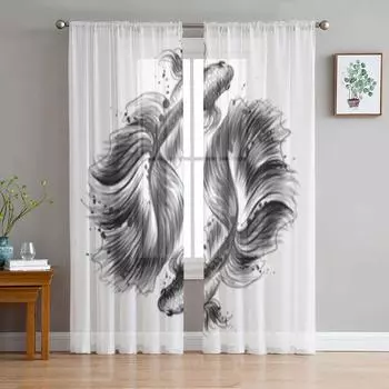 Рыба в акварельном стиле, прозрачные оконные шторы для гостиной, спальни, современная вуаль, тюлевые шторы, тканевые шторы для кухни 135W x 114H(cm)