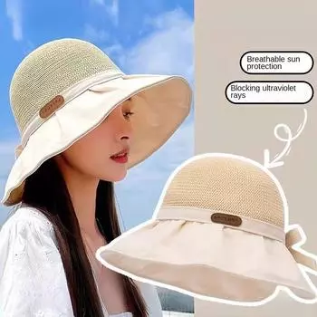 Рыбацкая шляпа с большими полями, закрывающая лицо, женская летняя корейская версия, универсальная дорожная шляпа от солнца, тонкая шляпа от солнца с бантом бежевый