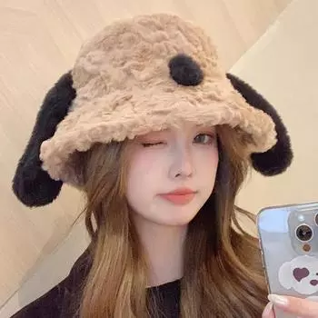 Рыбацкая шляпа с ушками щенка, женская осенне-зимняя плюшевая шляпа-ведро, теплая шляпа-ведро чёрный